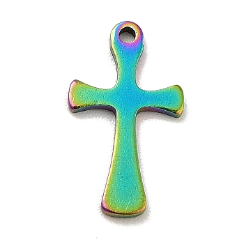 Ion Plating(IP) 201 Stainless Steel Pendants, Cross Charms, Rainbow Color, 13x7.5x1mm, Hole: 0.8mm