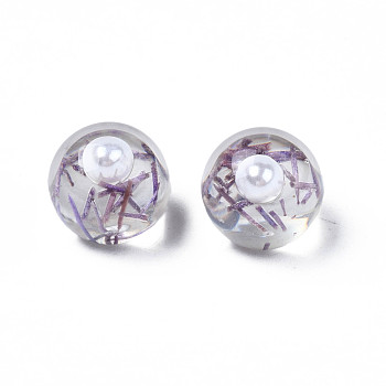 Translucent Acrylic Cabochons, with ABS Imitation Pearl Beads and Hay, Round, Medium Purple, 10x9.5mm