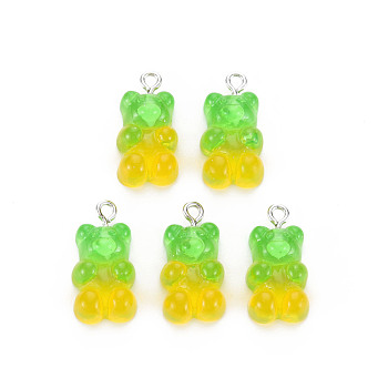 Transparent Resin Pendants, with Glitter Powder and Platinum Tone Iron Loop, Bear, Lime, 21x11x7mm, Hole: 1.8mm