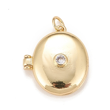 Brass Micro Pave Cubic Zirconia Locket Pendants, Photo Frame Charms for Necklaces, Real 18K Gold Plated, Lead Free & Cadmium Free, Oval, Clear, 22x19.5x6.5mm, Hole: 3mm, Inner Diameter: 15x12mm