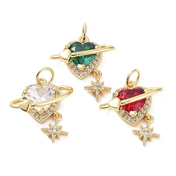 Rack Plating Brass & Cubic Zirconia & Glass Pendants, Lead Free & Cadmium Free, Long-Lasting Plated, Heart with Star, Mixed Color, 22x17x6mm, Hole: 3.5mm