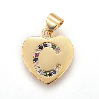 Brass Micro Pave Cubic Zirconia Pendants, Heart with Letter, Colorful, Letter.C, 17x15x1.5mm, Hole: 3.5x4.5mm