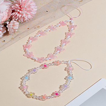 2Pcs 2 Styles Plastic Mobile Straps, Mobile Phone Ornaments, Flower, Butterfly, Mixed Color, 190~210mm, 1pc/style