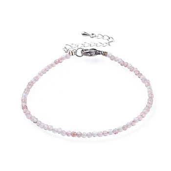 Natural Strawberry Quartz Bead Bracelets, with 304 Stainless Steel Lobster Claw Clasps and Brass Extender Chains, Faceted, 7-1/4 inch(18.5cm)