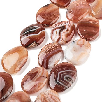 Natural Striped Agate/Banded Agate Beads Strands, Dyed & Heated,  Flat Oval, 28~34.5x23~26.5x7~7.5mm, Hole: 1mm, about 13pcs/strand, 15.75''~15.94''(40~40.5cm)