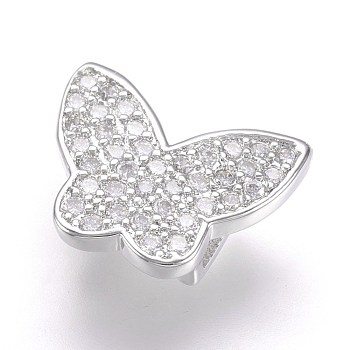 Brass Micro Pave Cubic Zirconia Slide Charm, Real Platinum Plated, Butterfly, 9.5x12x4mm, Hole: 2x5mm