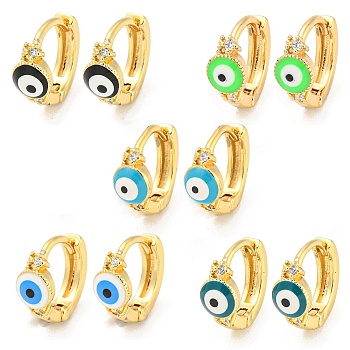 Evil Eye Real 18K Gold Plated Brass Hoop Earrings, with Enamel and Clear Cubic Zirconia, Mixed Color, 10.5x5mm