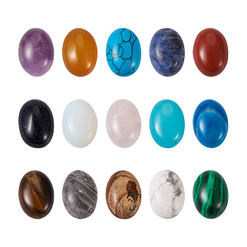 30pcs 15 Style Natural & Synthetic Gemstone Cabochons, Oval, 18x13x5~7mm, 2pcs/style