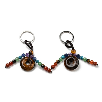 7 Chakra Natural Gemstone Tassel Keychain, Tiger Eye Donut Reiki Healing Keychain, with Platinum Tone Iron Ring, 9.5~10.2cm