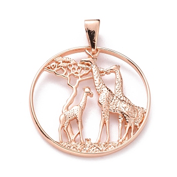 Brass Pendants, Long-Lasting Plated, Flat Round with Giraffe, Rose Gold, 28x2mm, Hole: 6x3.4mm