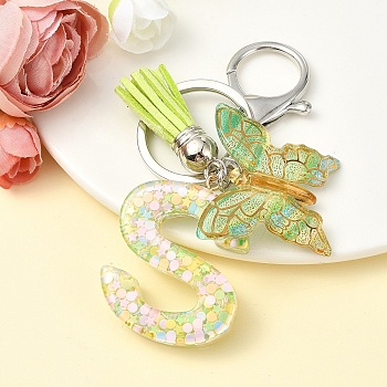 Resin & Acrylic Keychain, with Faux Suede Tassel Pendant & Alloy Findings, Letter S, 9.5cm