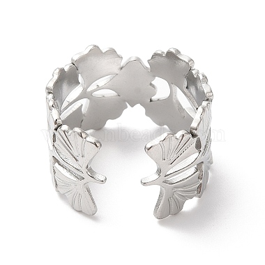 304 Stainless Steel Gingko Leaf Open Cuff Ring for Women(RJEW-K245-42P)-2