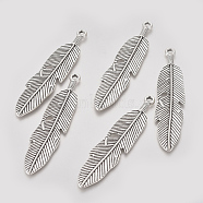 Tibetan Style Alloy Big Pendants, Feather, Antique Silver, 60x13x2mm, Hole: 2mm(TIBEP-L006-041AS)