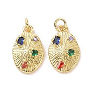 Oval Brass Micro Pave Colorful Cubic Zirconia Pendants, with Jump Rings, Cadmium Free & Lead Free, Real 18K Gold Plated, 18x11.5x3.5mm, Hole: 3.4mm(KK-G406-31G)