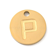 Ion Plating(IP) 304 Stainless Steel Pendants, Laser Cut, Flat Round with Letter Charm, Golden, Letter P, 10x1mm, Hole: 1.4mm(FIND-M017-02G-P)