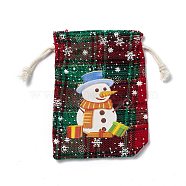 Christmas Theme Rectangle Jute Bags with Jute Cord, Tartan Drawstring Pouches, for Gift Wrapping, Red, Snowman, 13.8~14x9.7~10.3x0.07~0.4cm(ABAG-E006-01D)