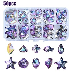 48Pcs 10 Styles Electroplate Glass Pendants, Back Plated, Faceted, Mixed Shape, Plum, 14~19x14~20.5x6~9.5mm, Hole: 1~1.6mm(GLAA-YW0003-53)