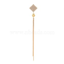 Brass Micro Pave Clear Cubic Zirconia Stud Earring Findings, for Half Drilled Beads, Nickel Free, Rhombus with Long Chain Tassel, Real 18K Gold Plated, 91x12mm, Pin: 0.5mm, pin: 0.5mm(for Half Drilled Beads)(KK-S356-776)