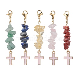 Natural Mixed Gemstone Pendant Decorations, with Alloy Enamel Pendants, Cross, 59~61mm, Cross: 49~50x10x5mm(HJEW-JM01793)