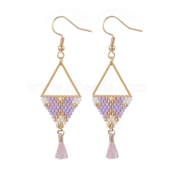 Glass Seed Braided Triangle Dangle Earrings, with Polycotton Tassels, Golden 304 Stainless Steel Triangle Jewelry for Women, Lilac, 62mm, Pin: 0.7mm(EJEW-MZ00053-02)