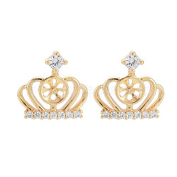 Brass Micro Pave Clear Cubic Zirconia Stud Earring Findings, for Half Drilled Beads, Nickel Free, Crown, Real 18K Gold Plated, 14x14.5mm, Pin: 0.6mm, pin: 0.7mm(for half drilled beads)(KK-S364-059)