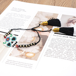 Miyuki Seed Braided Bead Bracelet with Double Tassel, Skull Friendship Bracelet for Women, Colorful, 11 inch(28cm)(BJEW-A121-38A)