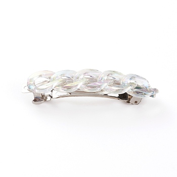 Platinum Plated Iron Hair Barrette, with Acrylic Curb Chains, Clear, 80x17x18mm