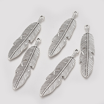 Tibetan Style Alloy Big Pendants, Feather, Antique Silver, 60x13x2mm, Hole: 2mm
