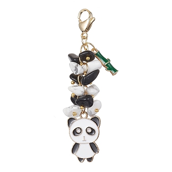 Panda Alloy Enamel Pendant Decorations, Natural Obsidian & Synthetic White Howlite Chip Beads and 304 Stainless Steel Lobster Claw Clasps Charms, White, 72mm
