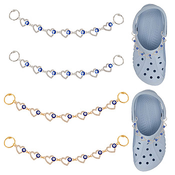 1 Set Alloy Enamel Crystal Rhinestone Heart with Evil Eye Link Shoe Decoration Chain, with Iron Loose Leaf Hinged Rings, Platinum & Light Gold, 215mm, 2 colors, 2pcs/color, 4pcs/set