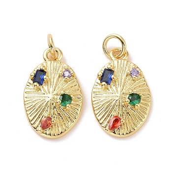 Oval Brass Micro Pave Colorful Cubic Zirconia Pendants, with Jump Rings, Cadmium Free & Lead Free, Real 18K Gold Plated, 18x11.5x3.5mm, Hole: 3.4mm