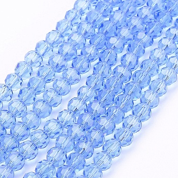 Faceted(32 Facets) Round Glass Beads Strands, Light Sky Blue, 4mm, Hole: 1mm, about 98pcs/strand, 13.7 inch