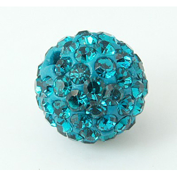 Pave Disco Ball Beads, Polymer Clay Rhinestone Beads, Grade A, Round, Blue Zircon, PP12(1.8~1.9mm), 8mm, Hole: 1mm