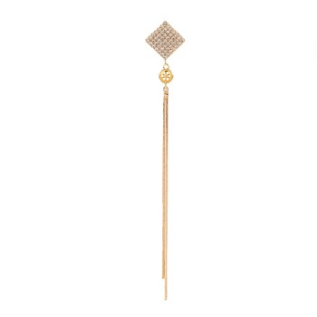 Brass Micro Pave Clear Cubic Zirconia Stud Earring Findings, for Half Drilled Beads, Nickel Free, Rhombus with Long Chain Tassel, Real 18K Gold Plated, 91x12mm, Pin: 0.5mm, pin: 0.5mm(for Half Drilled Beads)