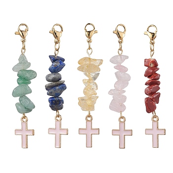 Natural Mixed Gemstone Pendant Decorations, with Alloy Enamel Pendants, Cross, 59~61mm, Cross: 49~50x10x5mm