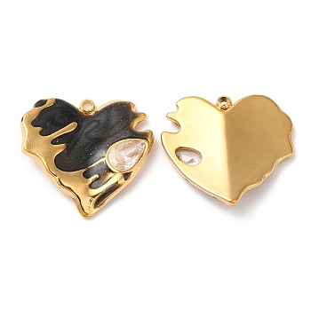 304 Stainless Steel Enamel Pendants, with Rhinestones, Real 18K Gold Plated, Heart Charm, Black, 19x20x2.5mm, Hole: 1.5mm