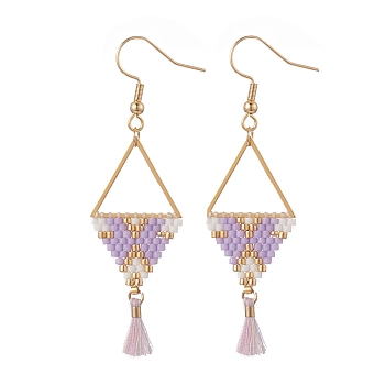Glass Seed Braided Triangle Dangle Earrings, with Polycotton Tassels, Golden 304 Stainless Steel Triangle Jewelry for Women, Lilac, 62mm, Pin: 0.7mm