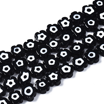 Handmade Lampwork Beads Strands, Flower with Evil Eye, Black, 6~7x6~7.5x3mm, Hole: 0.7mm, about 63~65pcs/strand, 15.75 inch~15.94 inch(40~40.5cm)