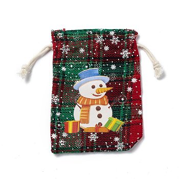 Christmas Theme Rectangle Jute Bags with Jute Cord, Tartan Drawstring Pouches, for Gift Wrapping, Red, Snowman, 13.8~14x9.7~10.3x0.07~0.4cm