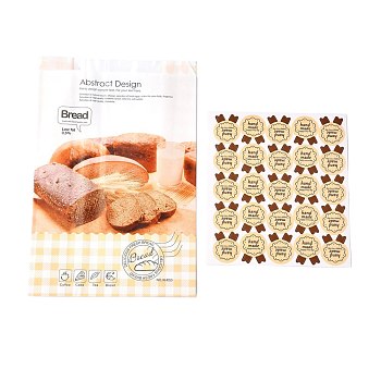 Rectangle with Bread Pattern Paper Baking Bags, No Handle & Oil-proof Bags, with Sticker, for Gift & Food Wrapping, Sandy Brown, 32x21x0.05cm