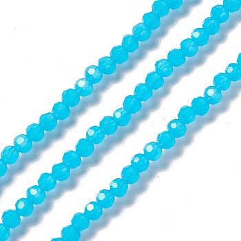 Faceted(32 Facets) Glass Beads Strands, Round, Deep Sky Blue, 4mm, Hole: 1mm, about 99~107pcs/strand, 14.09~15.43''(35.8~39.2cm)