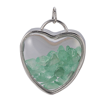 Natural Green Aventurine Chips Pendants, with Platinum Tone Brass Glass Findings, Heart, 37x32x18~18.5mm, Hole: 6mm