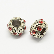 Alloy Rhinestone European Beads, Rondelle Large Hole Beads, Antique Silver, Light Siam, 11x8mm, Hole: 6mm(MPDL-R036-09D)