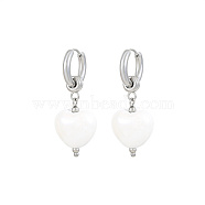 304 Stainless Steel Dangle Hoop Earrings, with Imitation Pearl Heart Charms, Stainless Steel Color, Heart: 17x15mm(IJ7749-1)