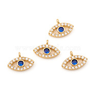 Brass Micro Pave Cubic Zirconia Charms, Evil Eye, Blue & Clear, Real 18K Gold Plated, 8.5x11.5x2mm, Hole: 1mm(ZIRC-G169-07G)