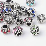 Alloy Rhinestone Rondelle Large Hole European Beads, Antique Silver, Mixed Color, 11x9mm, Hole: 5mm(MPDL-R036-80)