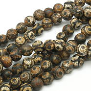 Tibetan Style 3-Eye dZi Beads, Natural Agate Bead Strands, Round, Dyed & Heated, Brown, 8mm, Hole: 1mm, about 23pcs/strand, 7.5 inch(G-K166-04-8mm-L2)