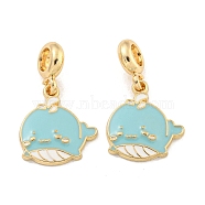 Rack Plating Alloy Enamel Whale European Dangle Charms, Large Hole Pendants, Golden, Cadmium Free & Nickel Free & Lead Free, Light Sky Blue, 29.5mm, Hole: 4.6mm, Whale: 19.5x17.5x2.5mm(FIND-B034-53G-02)