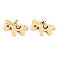 304 Stainless Steel Charms, with Jump Rings, Laser Cut, Horse, Real 14K Gold Plated, 12x18x2mm, Jump Ring: 2.8x0.5mm, 1.8mm inner diameter,(STAS-S116-201G)