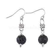 Natural Lava Rock Dangle Earrings, with 304 Stainless Steel Flower Bead Caps and 316 Surgical Stainless Steel Earring Hooks, 39mm, Pin: 0.6mm(EJEW-JE03934-04)